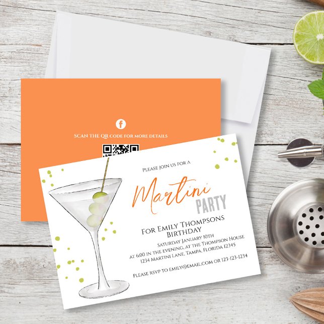 Convites Aniversário Chic Adulto Watercolor Martini Cocktai (Birthday party invitation with a watercolor martini and a scannable QR Code. )