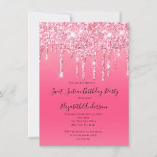 Convites Aniversário Chic Glitter Cor-de-Rosa Tendência Fem