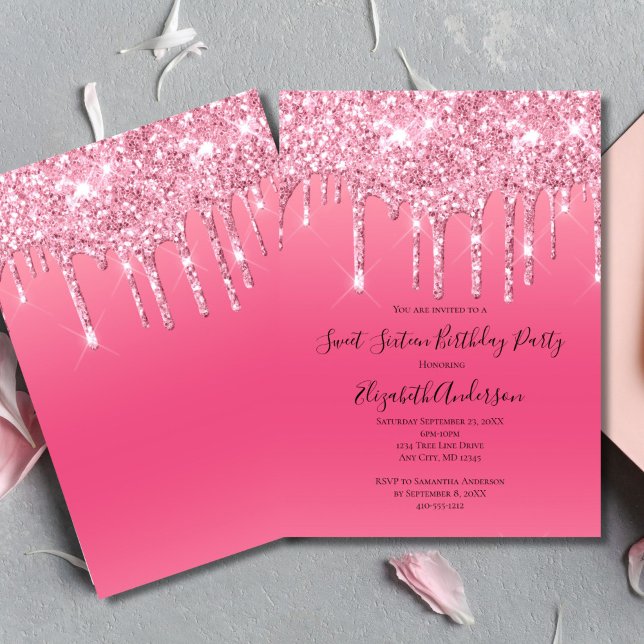 Convites Aniversário Chic Glitter Cor-de-Rosa Tendência Fem (Pink Dripping Glitter Sweet 16 Birthday ( or any year ) Birthday Invitation for her. Girls Glam )