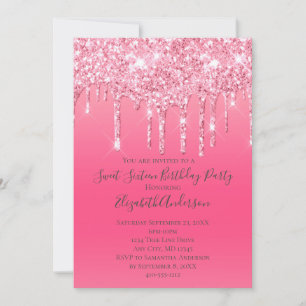 Convites Aniversário Chic Glitter Cor-de-Rosa Tendência Fem