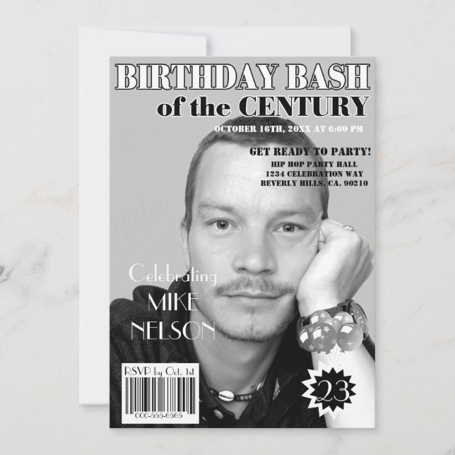 Convites Aniversário Cobrir da Revista Branca Negra de Bash (Frente)