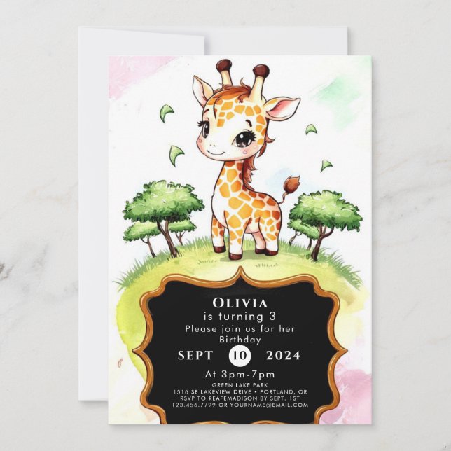Convites Aniversário Colorido da Girafa Selvagem (Frente)