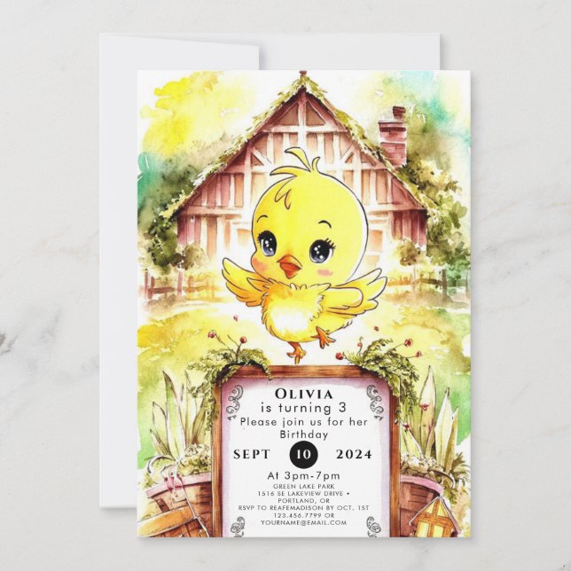 Convites Aniversário Colorido de Galinha Fazenda (Frente)