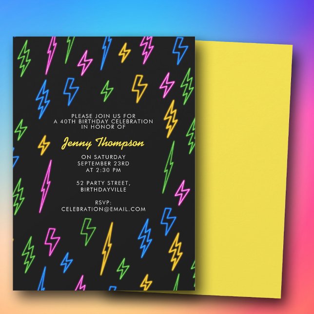 Convites Aniversário Colorido do Retro Neon Lightning (Colorful 80's Retro Neon Lightning Birthday Invitation)