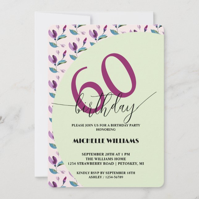 Convites Aniversário com Aquarela Floral Verde Roxo (Frente)