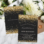 Convites Aniversário com brilho de ouro preto<br><div class="desc">Um convite moderno, na moda e glamouroso para uma festa de aniversário 40ª (ou qualquer idade). Um fundo preto decorado com poeira falsa dourada. O nome é escrito com um moderno estilo escrito à mão. Personalize e adicione os detalhes da sua festa. Adicione mais texto no verso ou exclua se...</div>