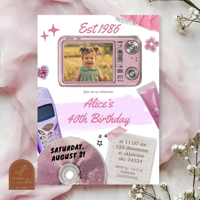 Convites Aniversário com Câmera Digital Rosa Y2K Retro (Criador carregado)
