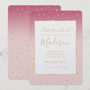 Convites Aniversário com Corações Dourados e Blush Rosa Omb