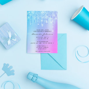 Convites Aniversário com Efeito Holográfico Rosa Azul Brilh