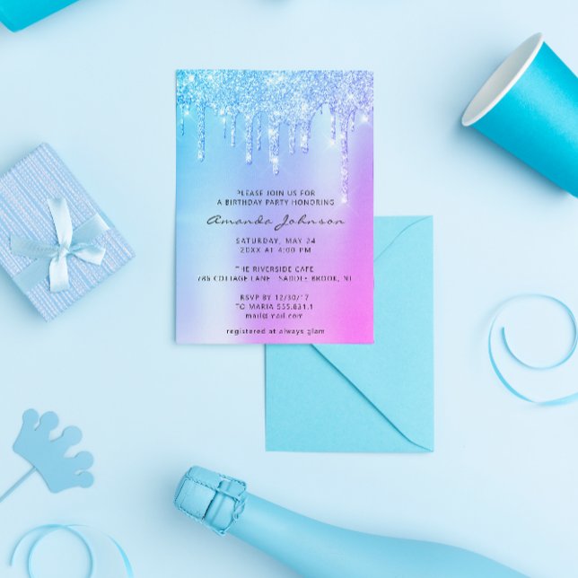 Convites Aniversário com Efeito Holográfico Rosa Azul Brilh (Criador carregado)