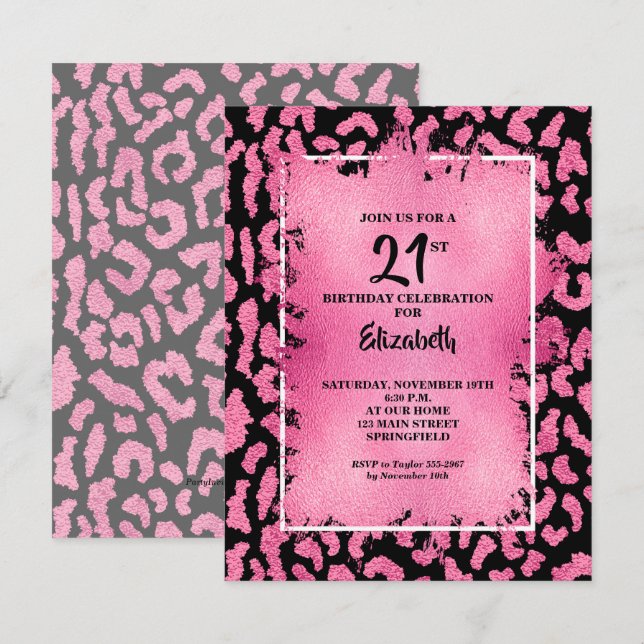 Convites Aniversário com Estampa de Leopardo Rosa e Preto C (Frente/Verso)