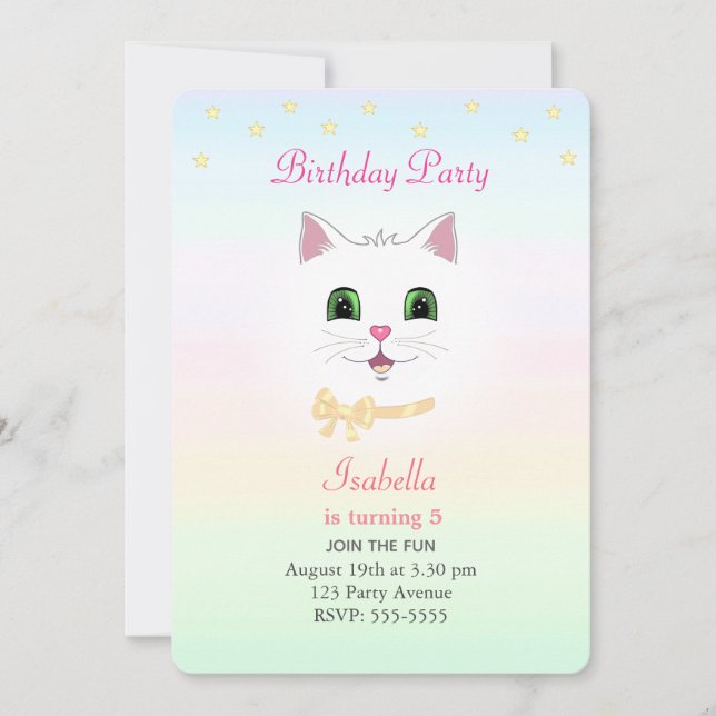 Convites Aniversário com Gato & Estrelas em Cores Pastel (Frente)