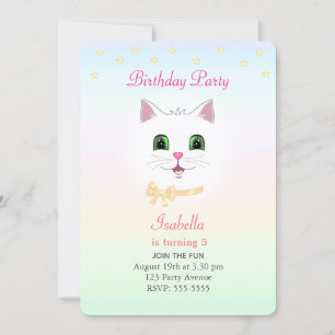 Convites Aniversário com Gato & Estrelas em Cores Pastel
