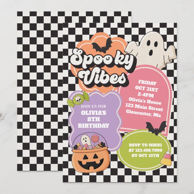 Convites Aniversário com Vibrações Assustadoras de Hallowee (Frente/Verso)