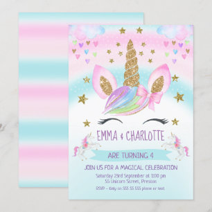 Convites Aniversário comum do Unicórn Rainbow Twins Doura