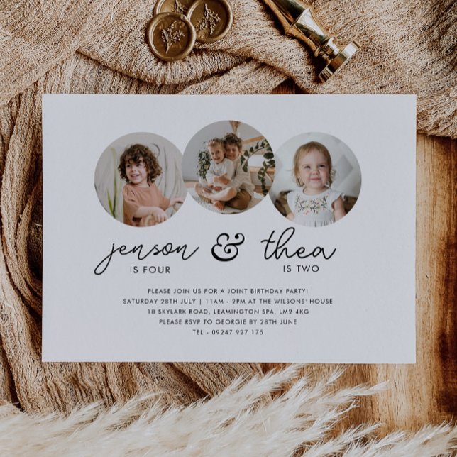 Convites Aniversário conjunto 3 Fotos redondas (Zazzle Joint Birthday 3 Round Photos Invitation)