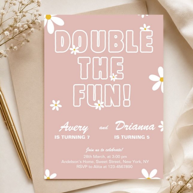 Convites Aniversário Conjunto da Irmã - Margarida Rosa (double the fun invitation, twin birthday invite, joint birthday party, sibling birthday invite, pink)