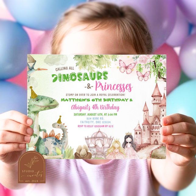 Convites Aniversário Conjunto da Princesa e do Menino Dinos (Criador carregado)
