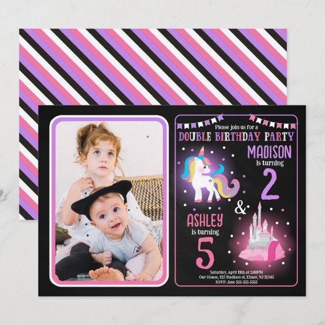 Convites Aniversário Conjunto da Princesa Unicórnio Meninas (Frente/Verso)