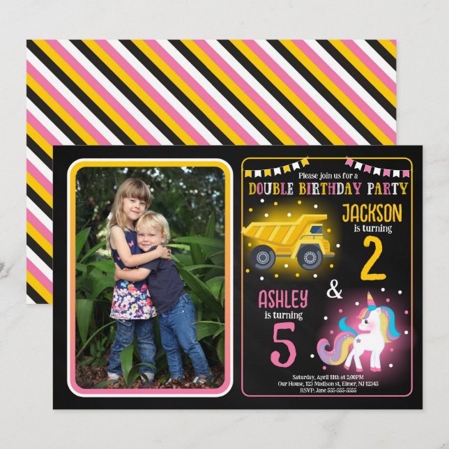 Convites Aniversário Conjunto de Caminhão de Construção Uni (Frente/Verso)