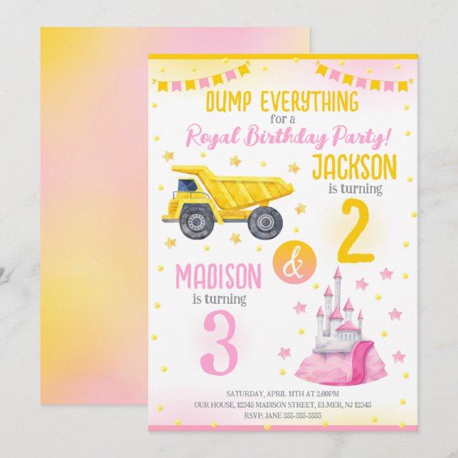 Convites Aniversário Conjunto de Construção e Princesa Irmã (Frente/Verso)