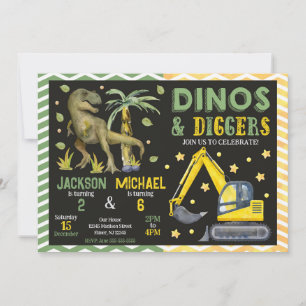 Convites Aniversário Conjunto de Dinossauro e Construção