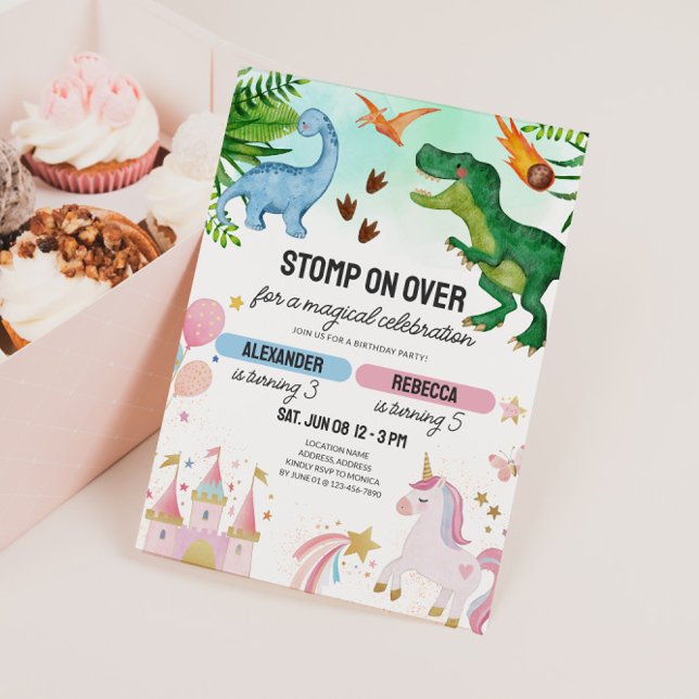 Convites Aniversário Conjunto de Dinossauro e Unicórnio par (Joint Kids Birthday Invitation - Dinosaur & Unicorns)
