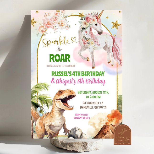 Convites Aniversário Conjunto de Dinossauro e Unicórnio Pas (Criador carregado)