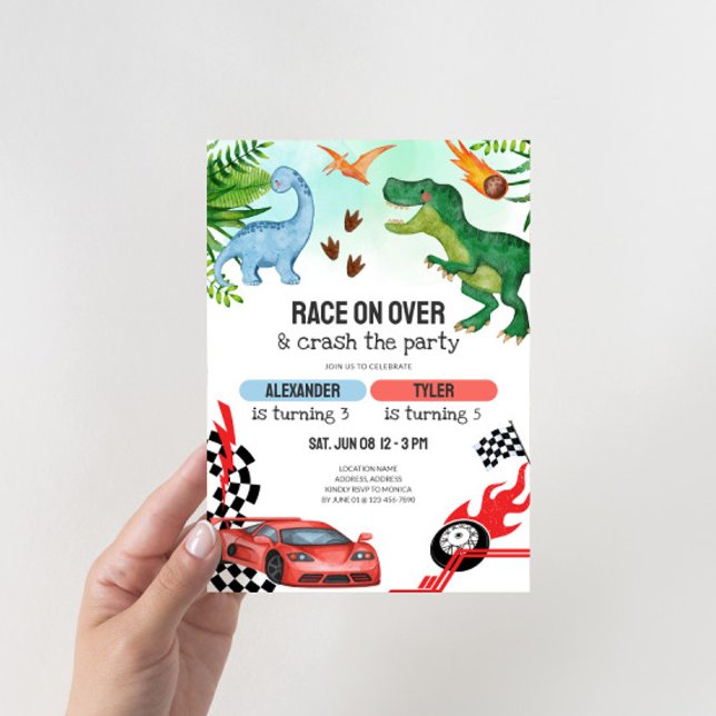Convites Aniversário Conjunto de Dinossauros e Carros de Co (Joint Kids Birthday Party Invitation - Dinosaurs and Race Cars)