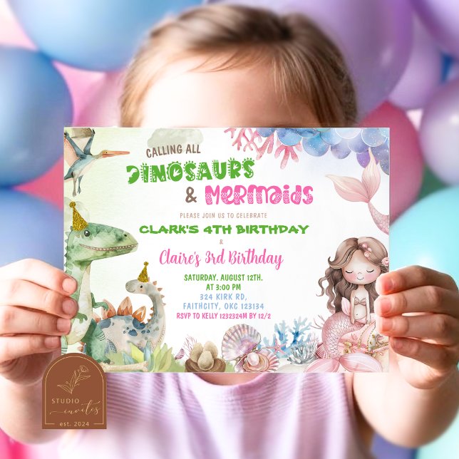 Convites Aniversário Conjunto de Gêmeos de Sereia e Dinossa (Criador carregado)