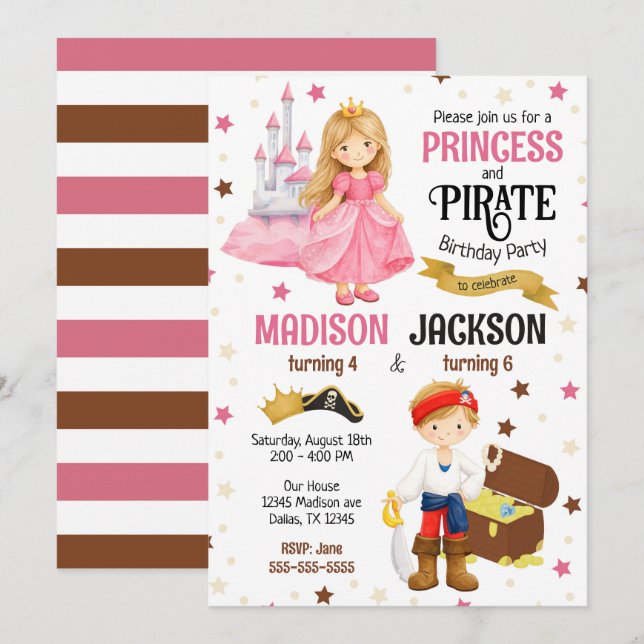 Convites Aniversário Conjunto de Irmãos Filhos de Princesa  (Frente/Verso)
