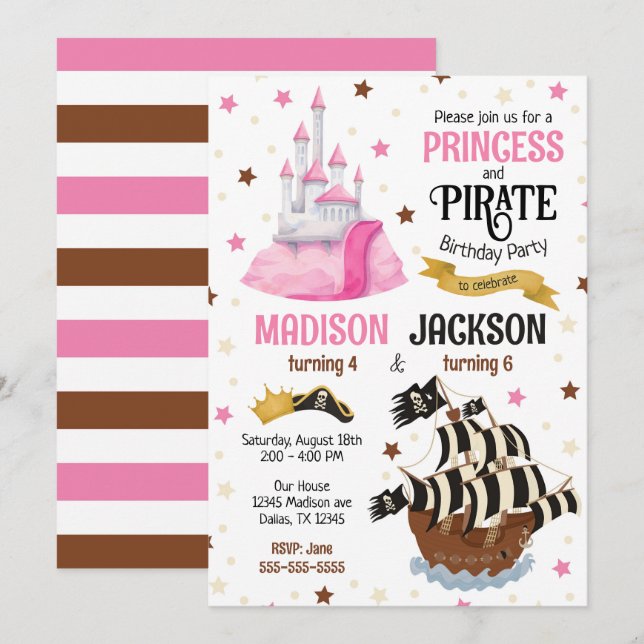 Convites Aniversário Conjunto de Irmãos Pirata e Princesa (Frente/Verso)