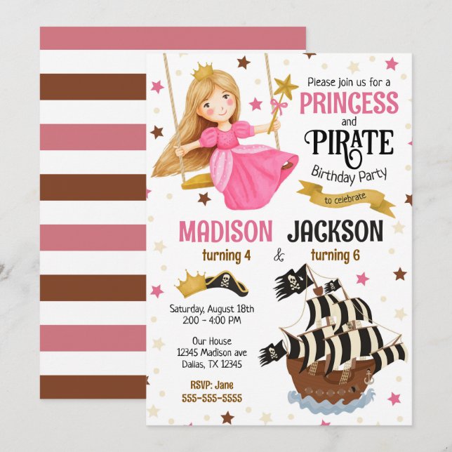 Convites Aniversário Conjunto de Irmãos Princesa e Pirata  (Frente/Verso)