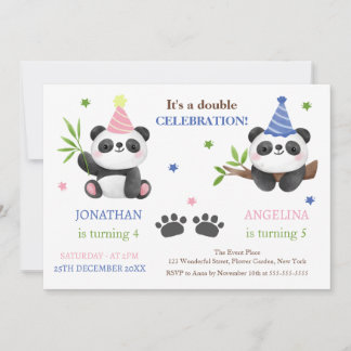 Convites Aniversário Conjunto de Menino e Menina Panda Fofo