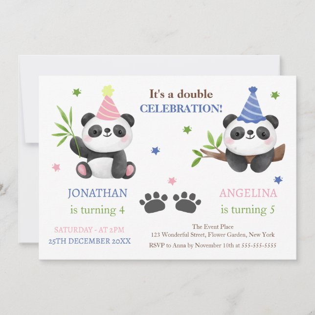 Convites Aniversário Conjunto de Menino e Menina Panda Fofo (Frente)
