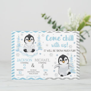 Convites Aniversário Conjunto de Pinguins Fofos de Inverno