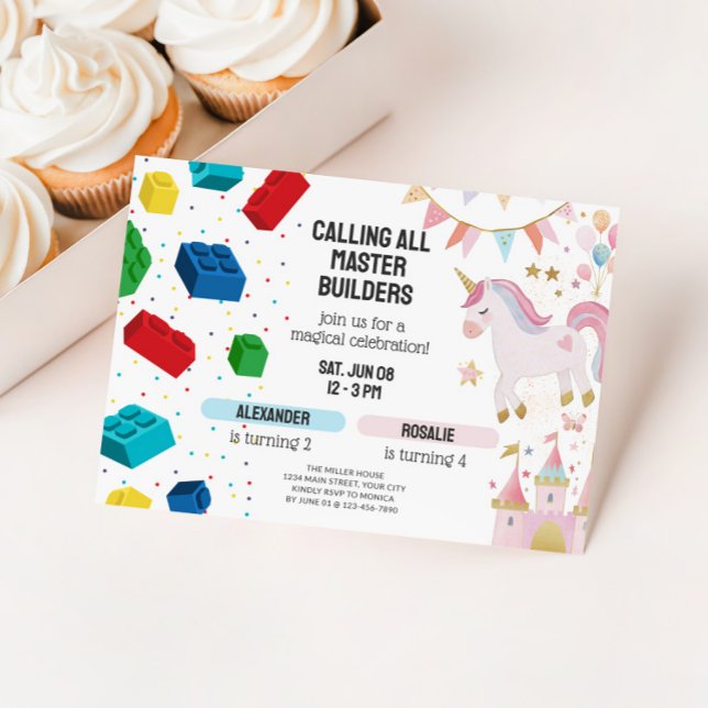 Convites Aniversário Conjunto de Unicórnio e Blocos de Cons (Joint Sibling Birthday Invitation - Unicorns and Building Blocks)
