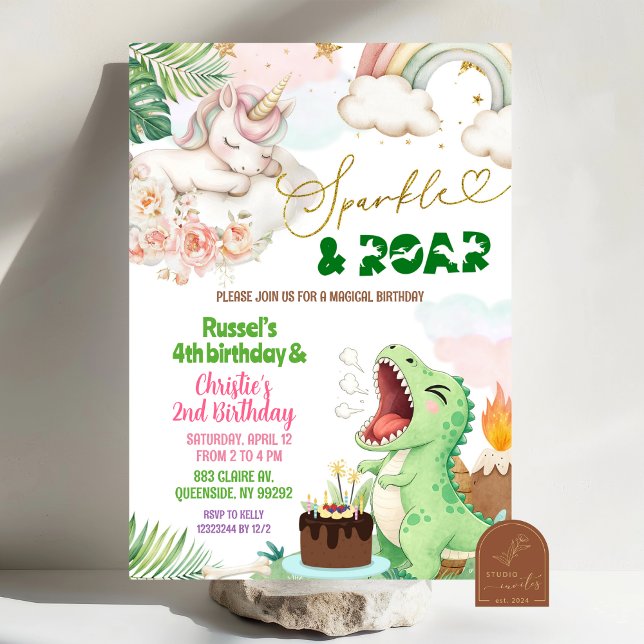Convites Aniversário Conjunto de Unicórnio e Dinossauro Spa (Criador carregado)