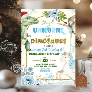 Convites Aniversário Conjunto de Unicórnios de Natal e Dino