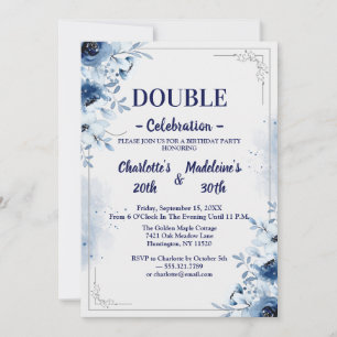 Convites Aniversário Conjunto Floral Azul e Branco Elegante