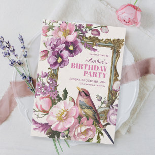 Convites Aniversário cor-de-água de pássaro floral rosa