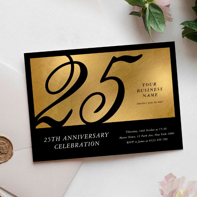 Convites Aniversário Corporativo Preto e Dourado Chic (Corporate Black & Gold Chic Business Anniversary Invitation)