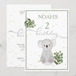 Convites Aniversário Cute Koala Green deixa Dourado