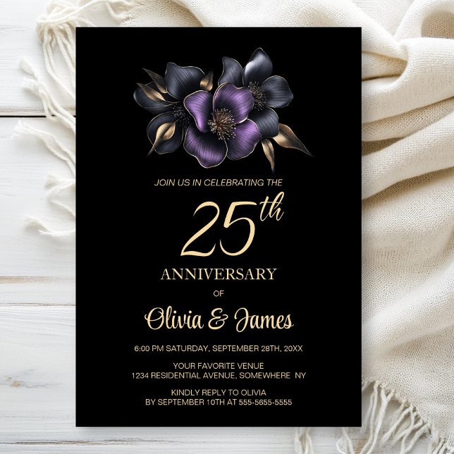 Convites Aniversário da 25 Floral da Cinza Roxa Negra (Criador carregado)