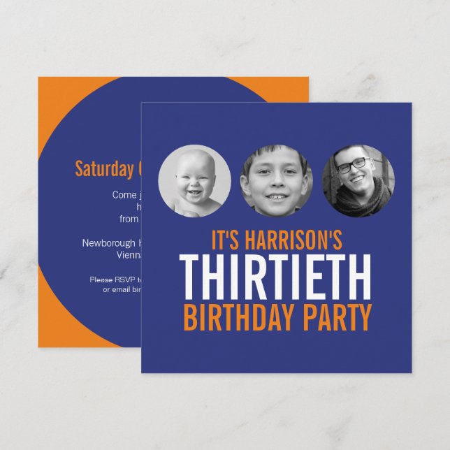 Convites Aniversário da 30 de cor laranja azul escura (Frente/Verso)