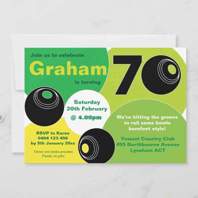 Convites Aniversário da 70 Lawn Bowls Boliche descalço (Frente)