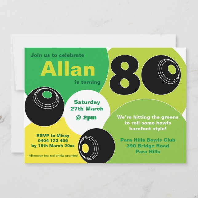 Convites Aniversário da 80 Lawn Bowls Boliche descalço (Frente)