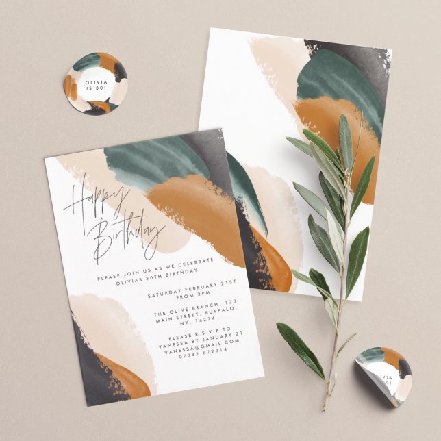 Convites Aniversário da abstrato de terracotta verde (Criador carregado)