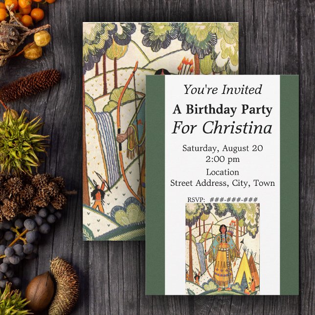 Convites Aniversário da Aldeia Nativa Americana de Vintage (Native american woman forest scene with teepee with embroidered look Birthday party invitations.)
