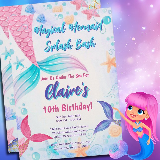 Convites Aniversário da Aquarela da Coluna de Sereia Mágica (Magical Mermaid Birthday Party Invitation)